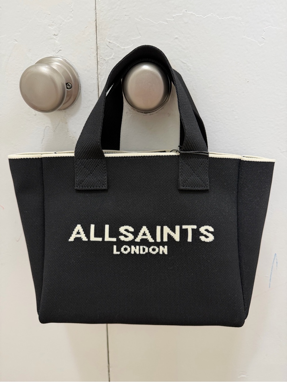 All Saints Black Canvas Tote with Cream Logo